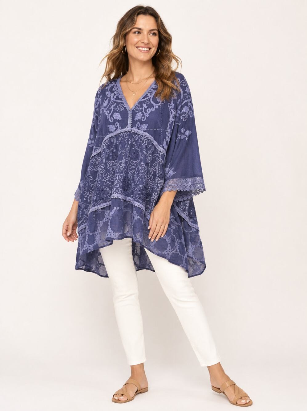Johnny Was Tunic Dress 1X Blue Cupra Boho Floral Kaftan Oversized Plus Size